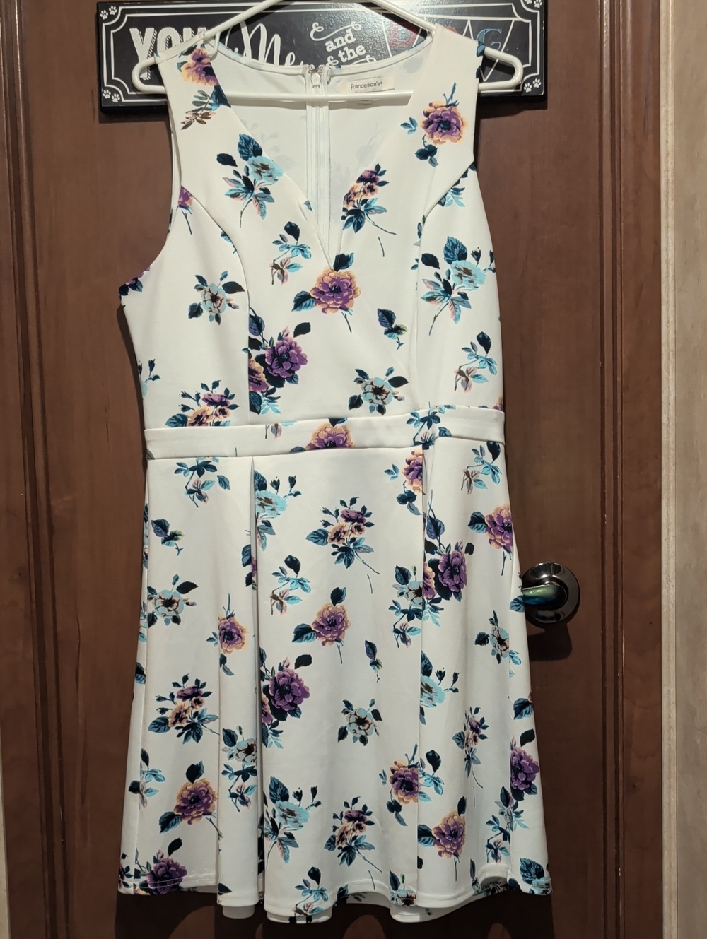 Francesca's White Floral Midi Dress with Purple & Teal Blooms